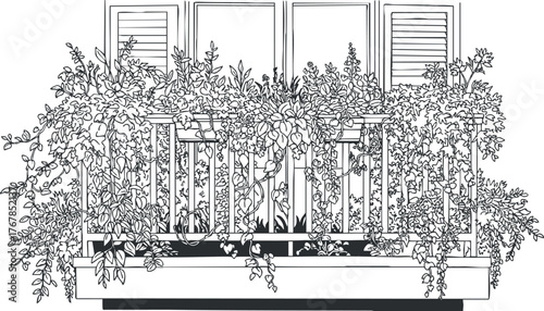 A detailed illustration of a balcony adorned with lush plants and flowers.