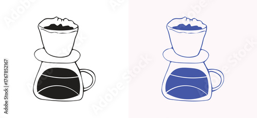 A playful hand drawn coffee dripper in black and blue, ideal for coffee culture and coffee brand designs.