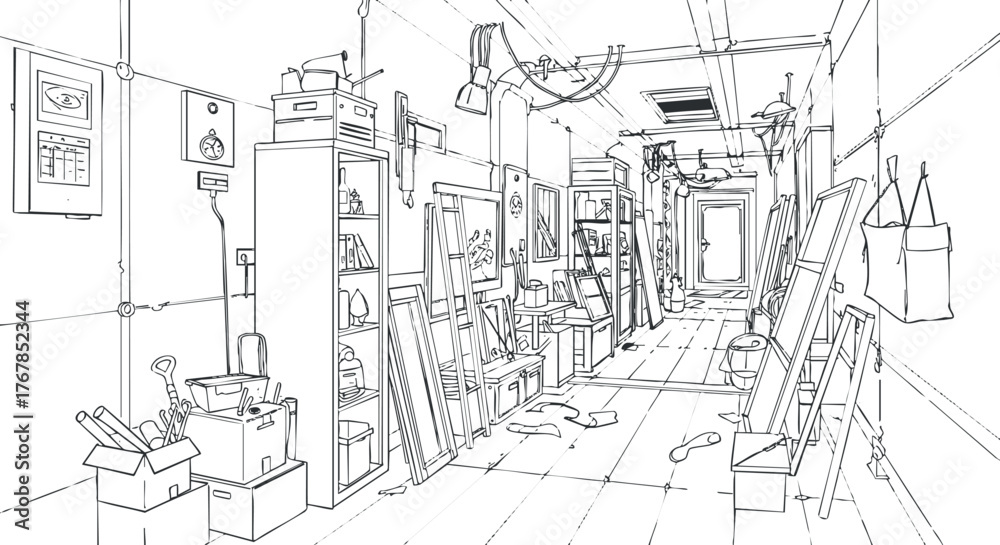 Obraz premium A detailed sketch of a hallway filled with art supplies and storage items in an art studio.