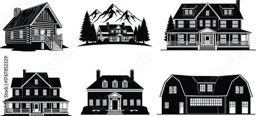 Diverse black house silhouettes vector collection, traditional log cabin, colonial, mountain landscape homes, real estate architectural illustration set, classic and vacation property symbols
