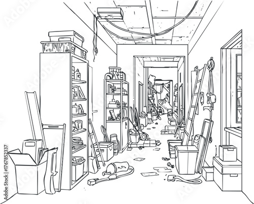 A cluttered hallway filled with storage items and cleaning supplies in an unorganized space.