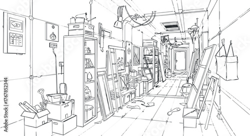 A detailed sketch of a hallway filled with art supplies and storage items in an art studio.