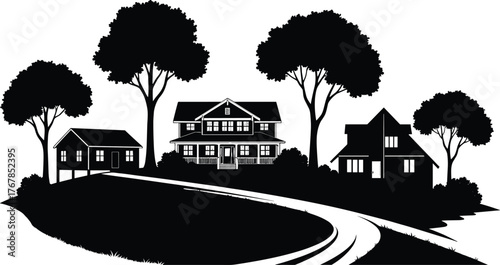 Black suburban landscape silhouette vector illustration, various residential houses, trees, and winding road on a grassy hill, real estate neighborhood background graphic, home development.