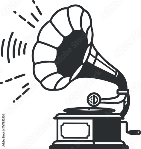 A vintage gramophone illustration showcasing a classic music player with sound waves.