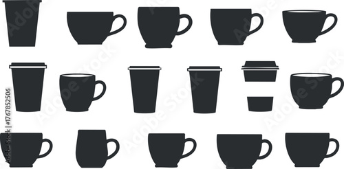 A collection of silhouette coffee and tea cups in various styles and shapes.