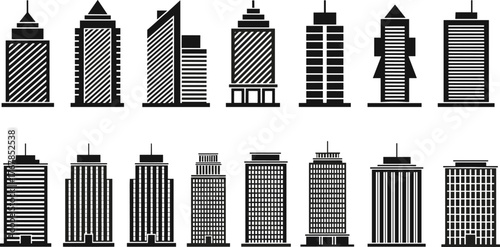 Modern city skyscraper vector icon collection, diverse commercial office tower building silhouettes, urban downtown architecture and financial district symbols, corporate real estate graphic