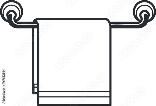 A simple line art illustration of a towel hanging on a wall rack in a bathroom.