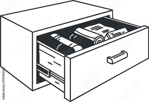 Illustration of an open drawer filled with documents and stationery items.