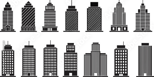 Black skyscraper icon vector collection, various city office tower building silhouettes, urban architecture and financial district symbols, modern commercial real estate graphic elements, downtown.