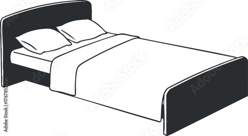 A minimalist illustration of a double bed with pillows and a blanket in black and white.