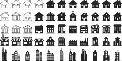 Ultimate building icon vector silhouette set, residential houses, city skyscraper, commercial store, church, factory and public buildings collection, urban architecture symbol library, real estate.