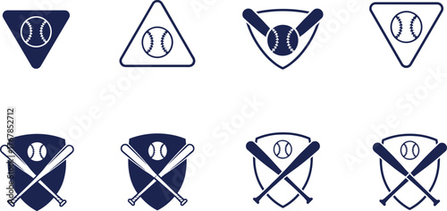 Set of baseball and softball sport emblem logo designs, vector collection of bats and ball shield, triangular badge illustration, competitive athletic team identity, championship tournament symbol.