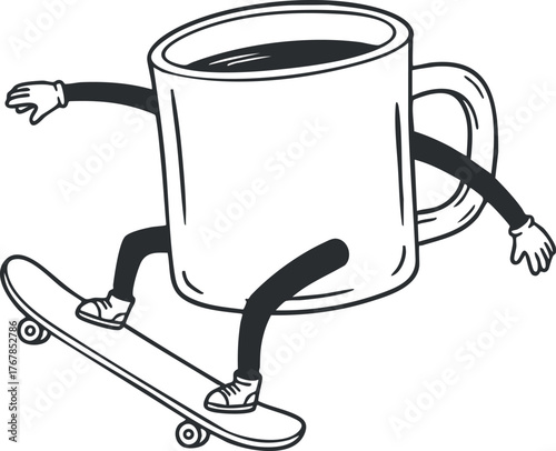 A humorous illustration of a skateboarder mug with arms and legs performing tricks.