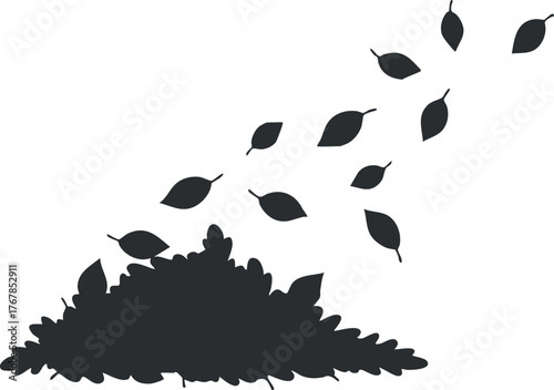 A silhouette of a pile of leaves with falling leaves representing autumn and nature.