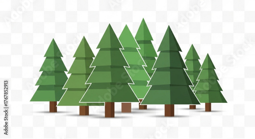 Group of evergreen trees in a simple vector illustration on a transparent background