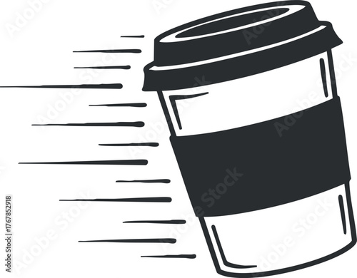 A stylized illustration of a takeaway coffee cup in motion, representing speed and convenience.