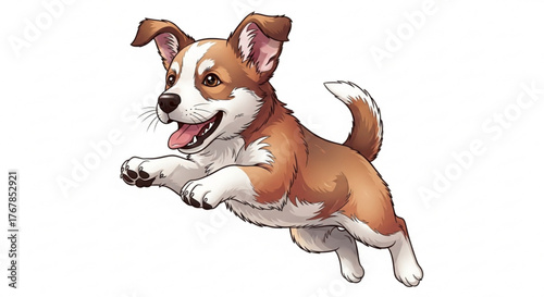 Happy cartoon dog jumping with joy and excitement on a white clean background