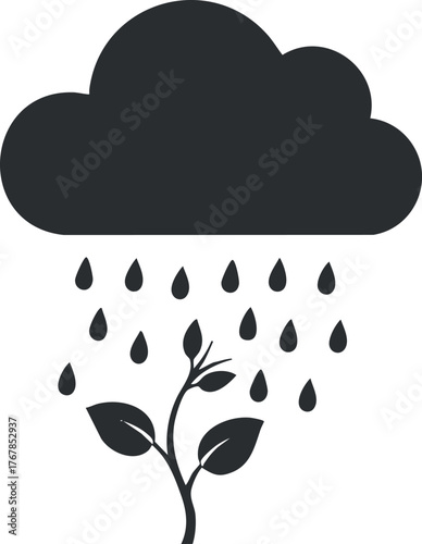 A stylized illustration of a cloud raining on a small plant symbolizing growth and nature.