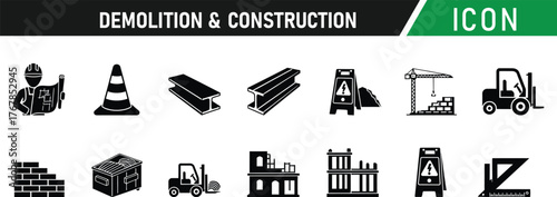 Demolition and construction icon set. Including Wrecking Ball, Hard Hat, Crane, Excavator, Dust Cloud, Sledgehammer, Bulldozer, Rubble, Safety Cone, Demolition Sign. Vector silhouette illustration
