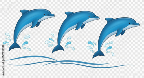 Three blue dolphins jumping out of the water with splashes in a cartoon style