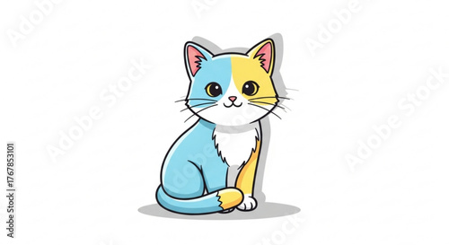 Cute cartoon cat with blue and yellow fur sitting on a white background