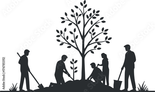 A silhouette of people planting a tree, symbolizing teamwork and environmental care.
