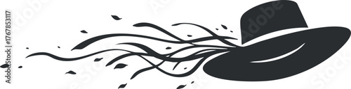 A whimsical illustration of a hat being carried by the wind with flowing leaves.