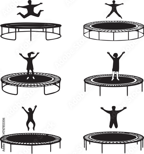 Six black silhouette figures jumping on trampolines in various poses person