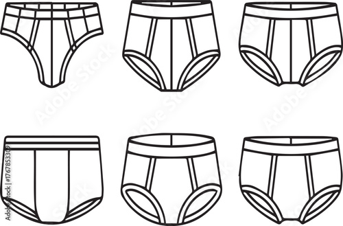 Six black line art illustrations of men's underwear styles on white background briefs boxers