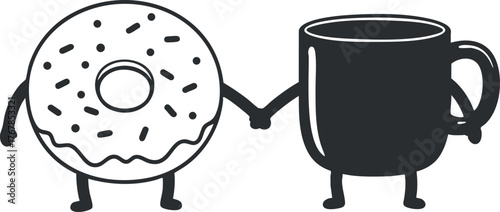 A cartoon donut and coffee cup enjoying a playful breakfast moment together.