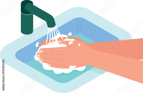 Person washes hands thoroughly with soap and running water in a sink for hygiene.