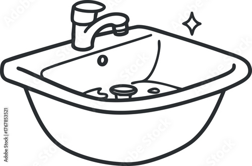 A clean and modern sink illustration featuring a faucet and shiny surface.