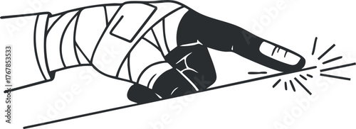 Illustration of a bandaged hand indicating injury or pain with a focus on healthcare and treatment.