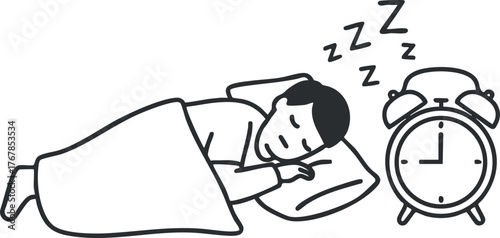 A peaceful illustration of a person sleeping beside an alarm clock symbolizing rest and relaxation.