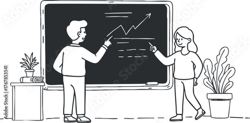 A teacher and student collaboratively analyzing growth data on a blackboard in a classroom setting.