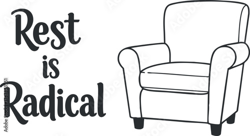 Inspirational quote about the importance of rest featuring a cozy armchair illustration.