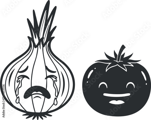 A whimsical illustration of a crying onion and a smiling tomato character.