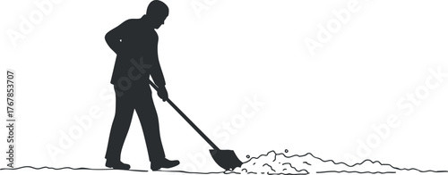 A silhouette of a man digging with a shovel outdoors, representing labor and construction work.