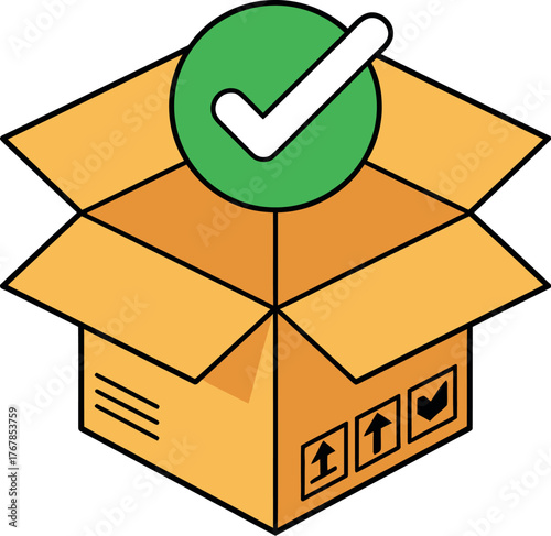 A green checkmark is placed on an open cardboard box, symbolizing completion or confirmation.