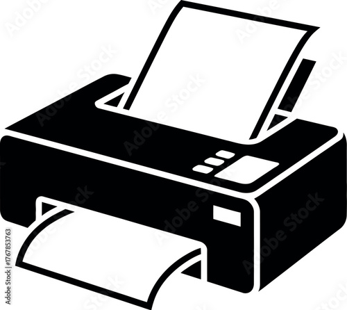 A black and white icon of a printer with paper in the feeder and output tray.