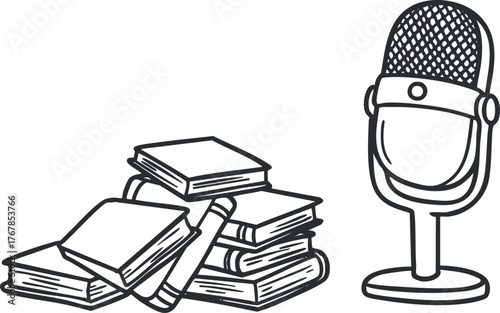 Illustration of a stack of books beside a microphone symbolizing reading and audio content.