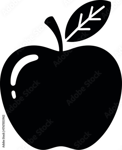 A simple black silhouette of an apple with a stem and leaf.