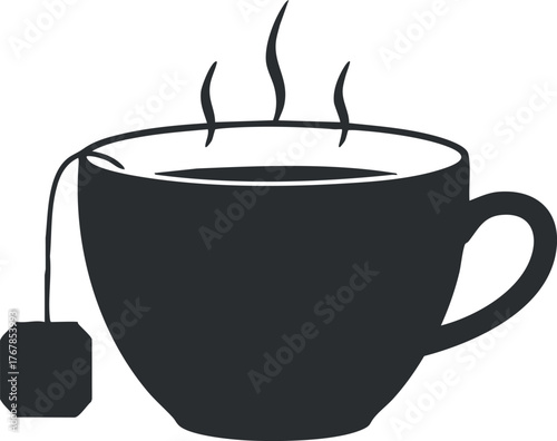 A simple silhouette of a steaming cup of tea with a teabag hanging.