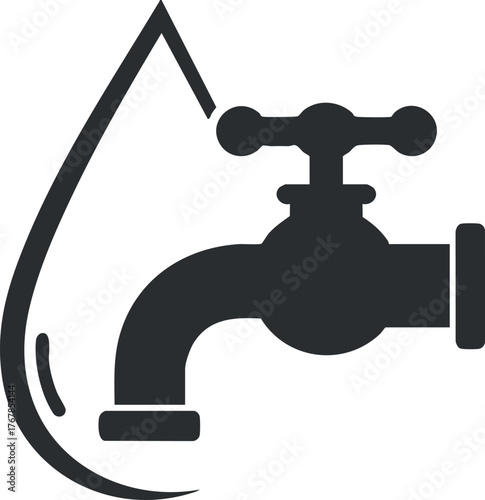 A black silhouette of a water tap with a dripping drop symbolizing plumbing services and water usage.