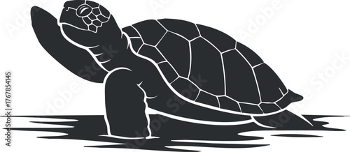 A simple black and white illustration of a turtle swimming in the ocean.