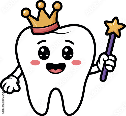 A cartoon tooth character wearing a crown and holding a magic wand smiles happily.