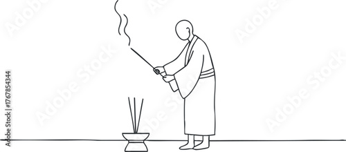 A minimalist line drawing of a person practicing incense rituals for meditation and relaxation.