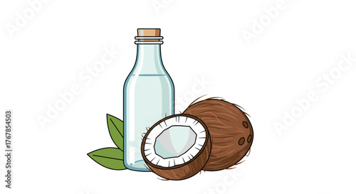 Cartoon illustration of a bottle of coconut oil with whole and halved coconuts and green leaves, representing natural health and beauty products.