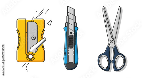 An illustration showcasing stationery items, including a pencil sharpener, utility knife, and scissors, perfect for school or office use.