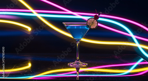 Neon cocktail drink with blue liquid and light streaks in background